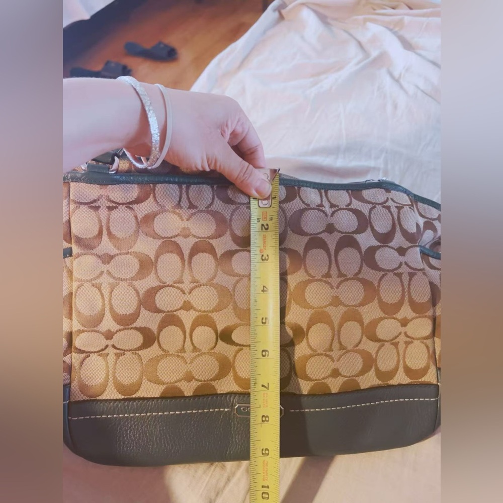 Coach Signature Canvas Leather‎ Trim Tote Shoulder Bag Brown Green Handbag - Picture 10 of 10